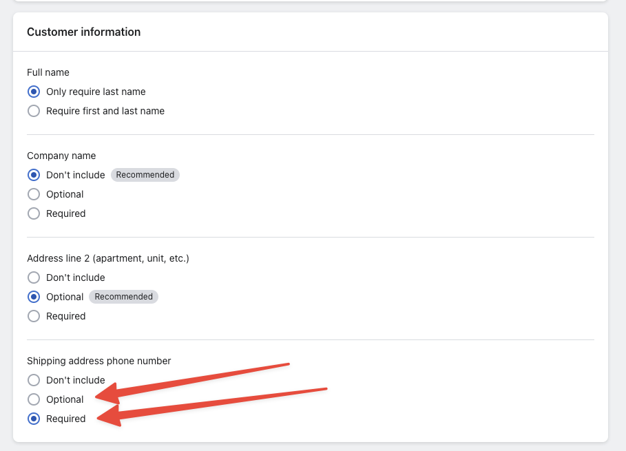 Select require or optional to force customers to provide their phone number at checkout