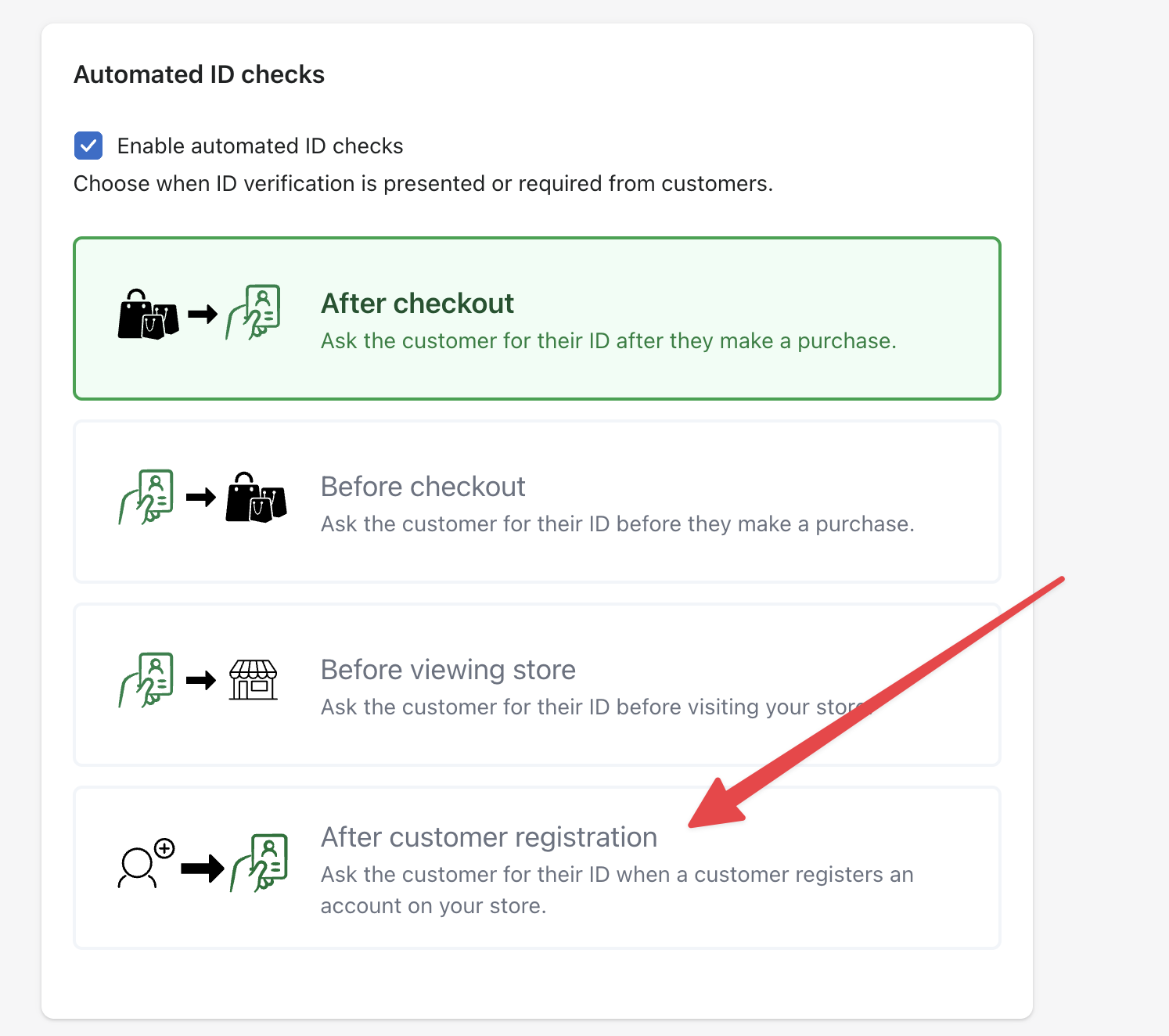 Choosing the After account registration flow option to send an ID check to a new customer sign up after they have created an account on your Shopify or WooCommerce store.