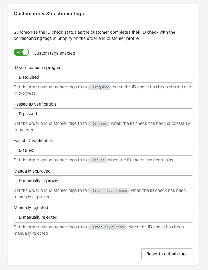 All Shopify tags for orders with ID verification