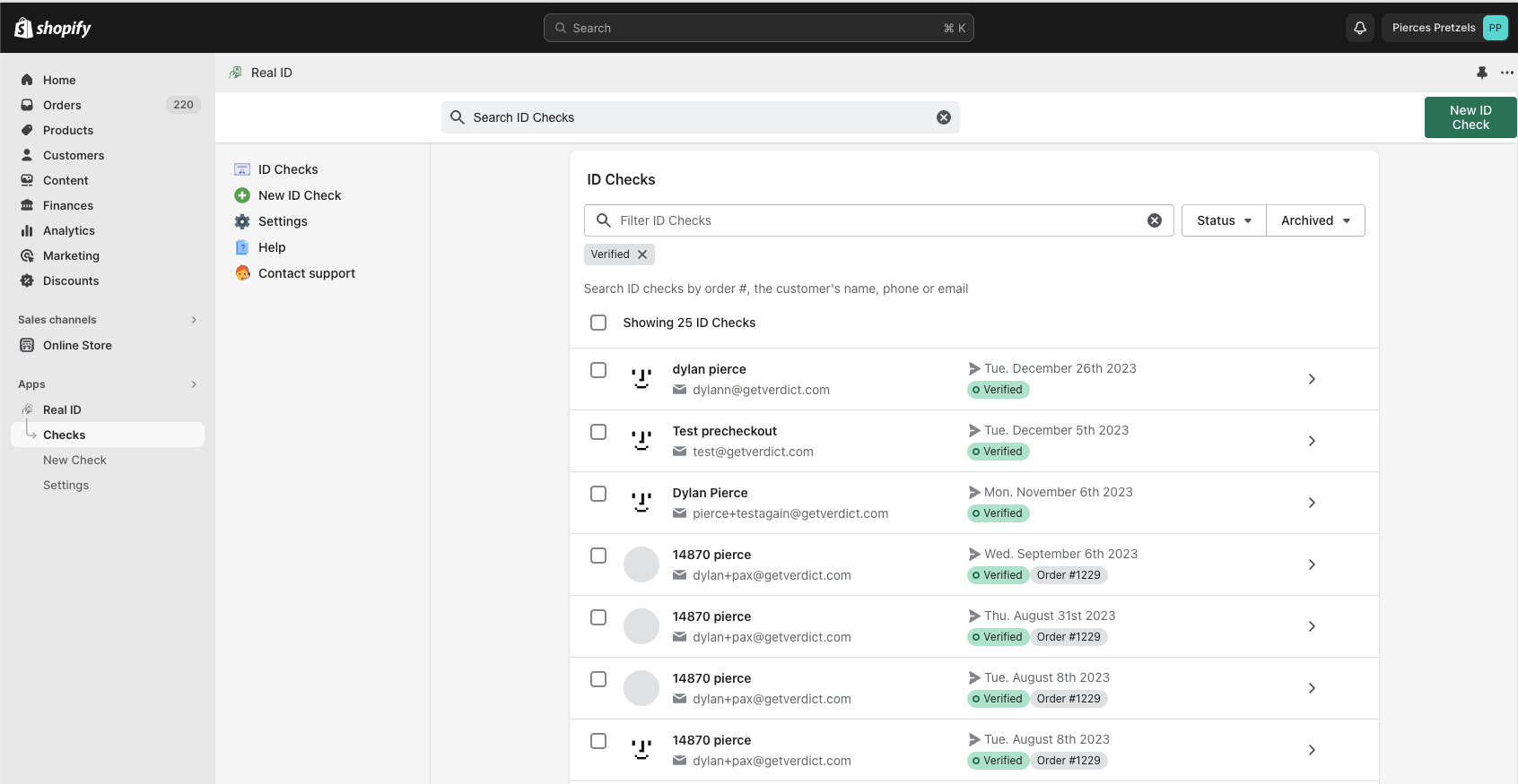 Real ID dashboard in Shopify displaying the ability to search, filter and open ID checks without leaving Shopify.