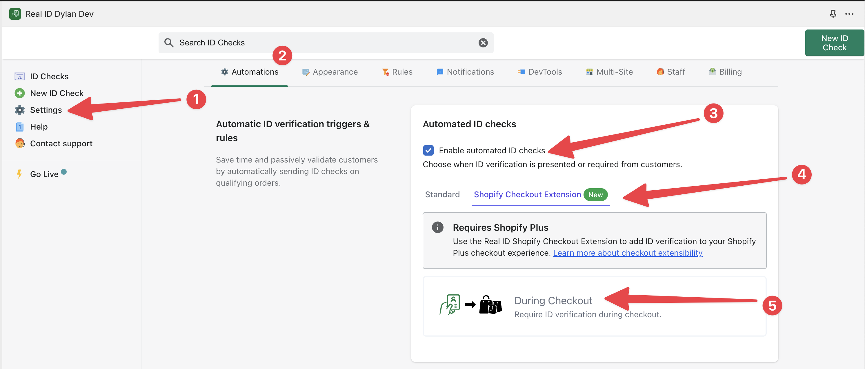 Enabling during checkout ID verification through a Shopify checkout app block extension