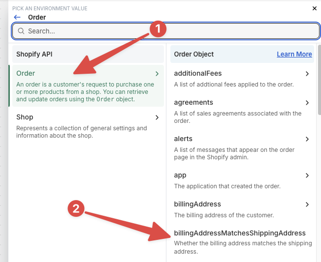 Selecting the Shopify order's billing address vs shipping address matching attribute in the Shopify Flow condition criteria