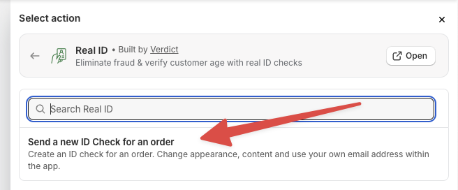 Selecting an ID check for the order action within the Real ID app section in Shopify Flow