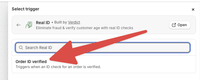 Selecting the Order ID verified trigger that will initiate this workflow when an customer verifies their ID for their order to be released.