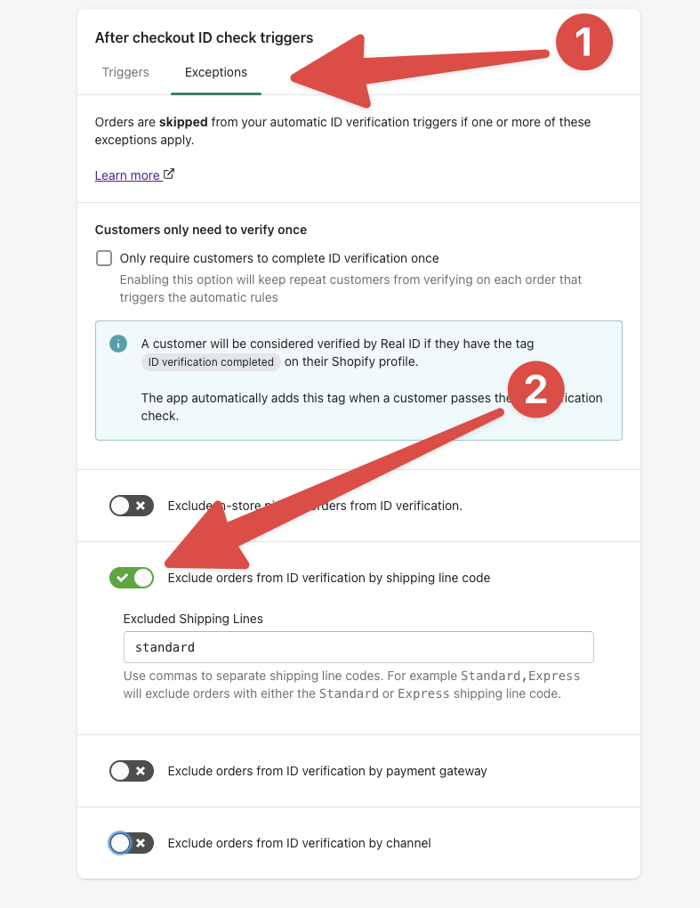 Excluding orders from ID verification based on the orders shipping line code