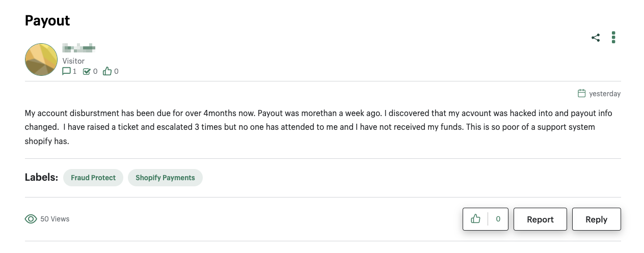 An example of payout fraud affecting a merchant from the Shopify Community
