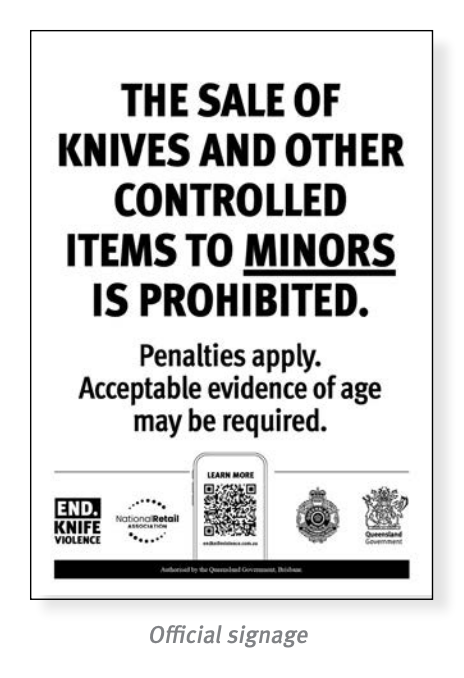 Example of signage for selling controlled products such as knives, gel blasters, pellet guns, gun replicas, hatchets, swords, spear fishing spears, etc in Queensland to prevent sales of these items to minors