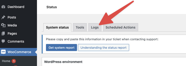 Opening the Logs tab in the WooCommerce Status page to view all logs for troubleshooting and debugging.