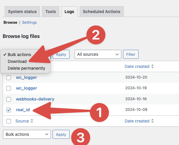 Download the real_id log files from WooCommerce