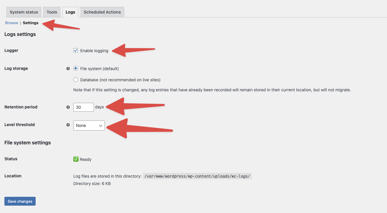 Our recommended WooCommerce logging settings, at least 30 days of rention, without a minimum logging level and stored to the filesystem, not to the database.