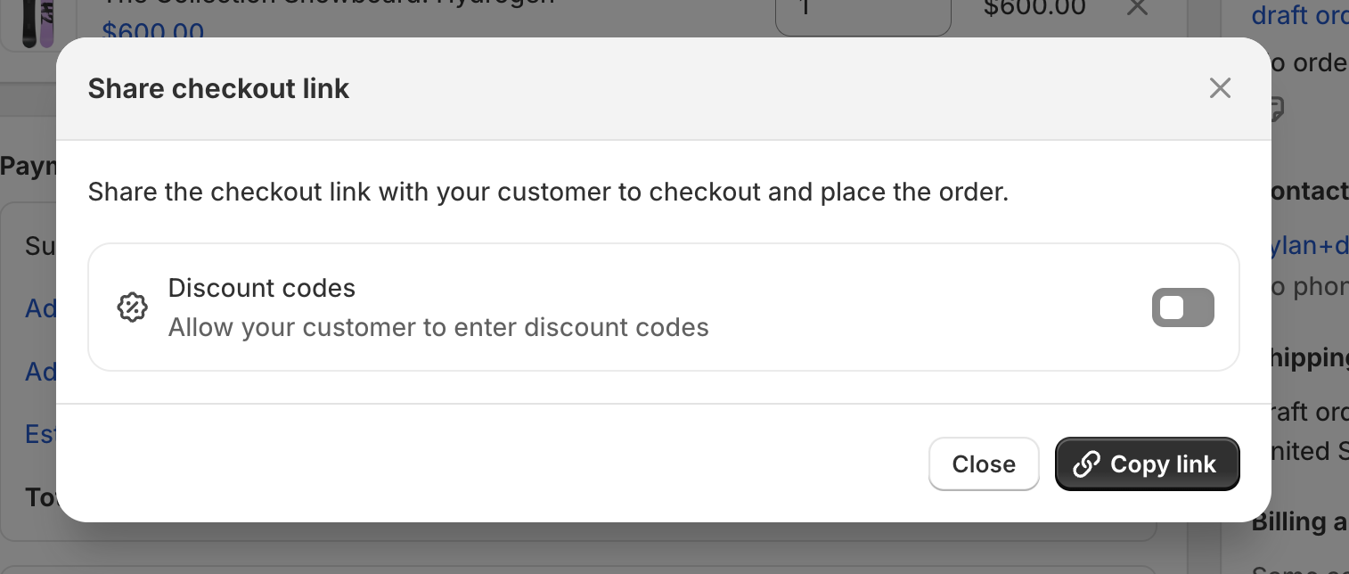 Example of copying the draft order link from the Shopify Admin area. The checkout in this link will contain the same ID check experience found during the online checkout process.