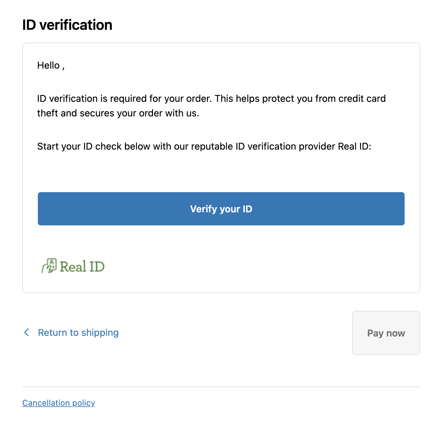 Example of ID verification just before payment during checkout in a Shopify draft order checkout link from the customer's perspective.