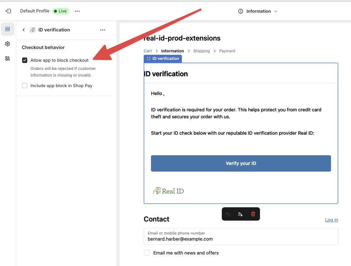 Disabling the ID verification requirement to checkout, but still show the app block to custoemrs
