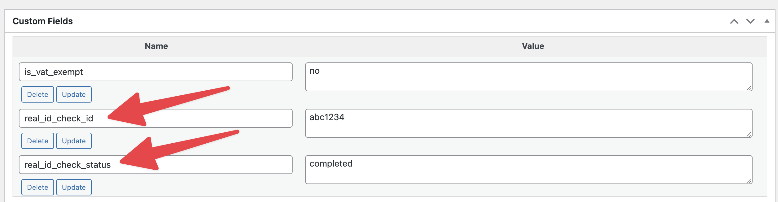 Example of viewing a WooCommerce order's ID verification status by Real ID without leaving the WordPress dashboard
