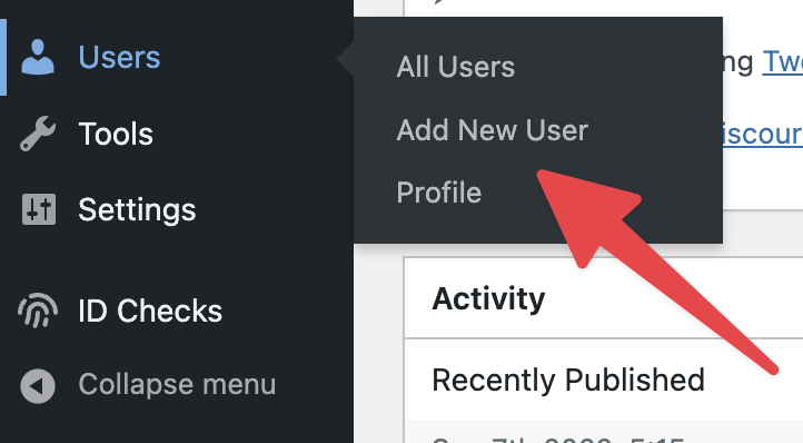 Selecting the New User form in WordPress to begin creating a new support account