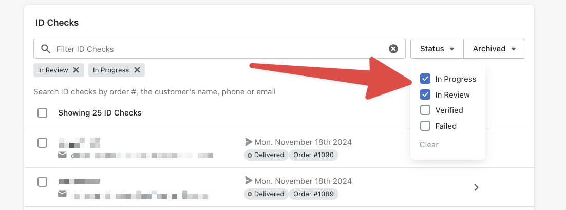 ID verification status filters improved