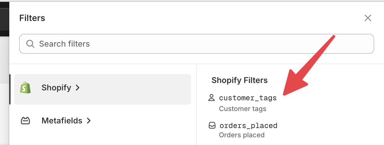 Selecting the Shopify customer tags as the property to filter our customer base on based on their ID check status