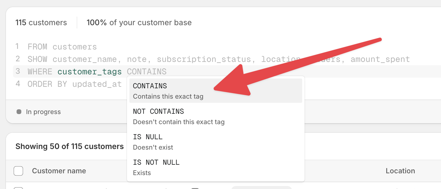 Selecting the condition to apply to the filtering query, in this case we want "CONTAINS" so we can filter the customers based on their ID verification status tags left by Real ID