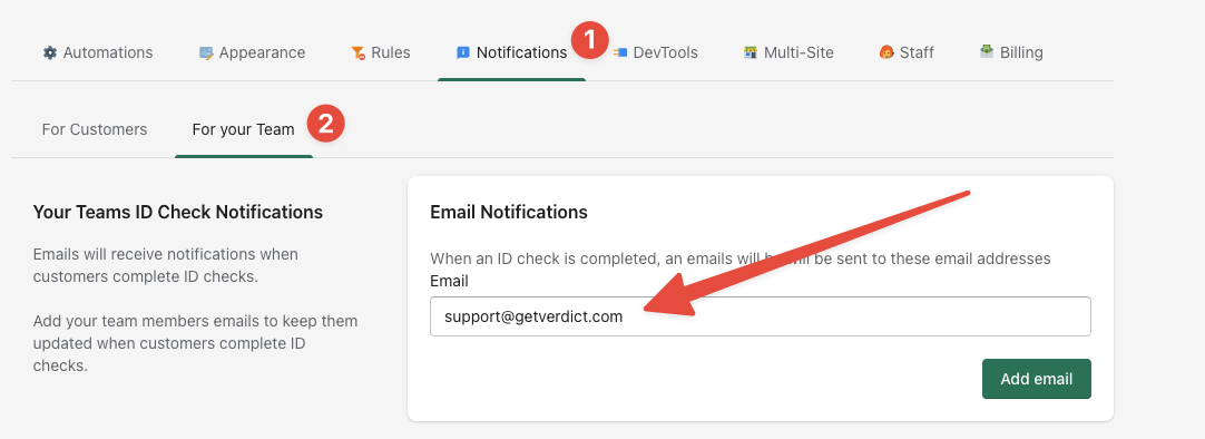 Opening the ID verification email notifications for your staff to recieve as customers verify their IDs such as drivers licenses, passports, national ID cards, etc.