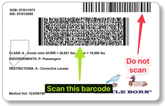 Nevada driver's license with dual barcodes - scan the larger barcode