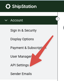 Opening the ShipStation API settings within the settings navigation menu