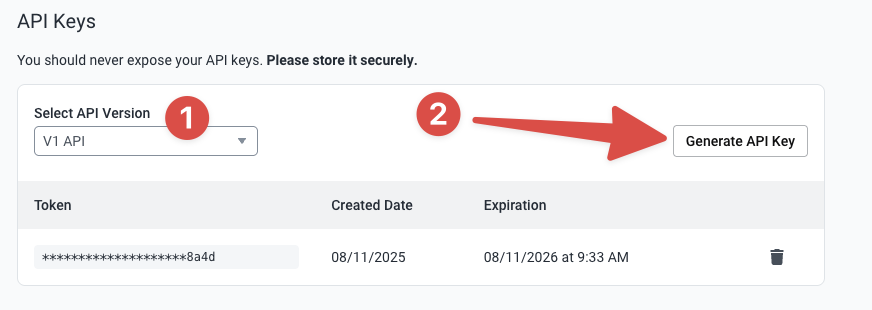 Selecting the ShipStation v1 API as the key type then generate the key