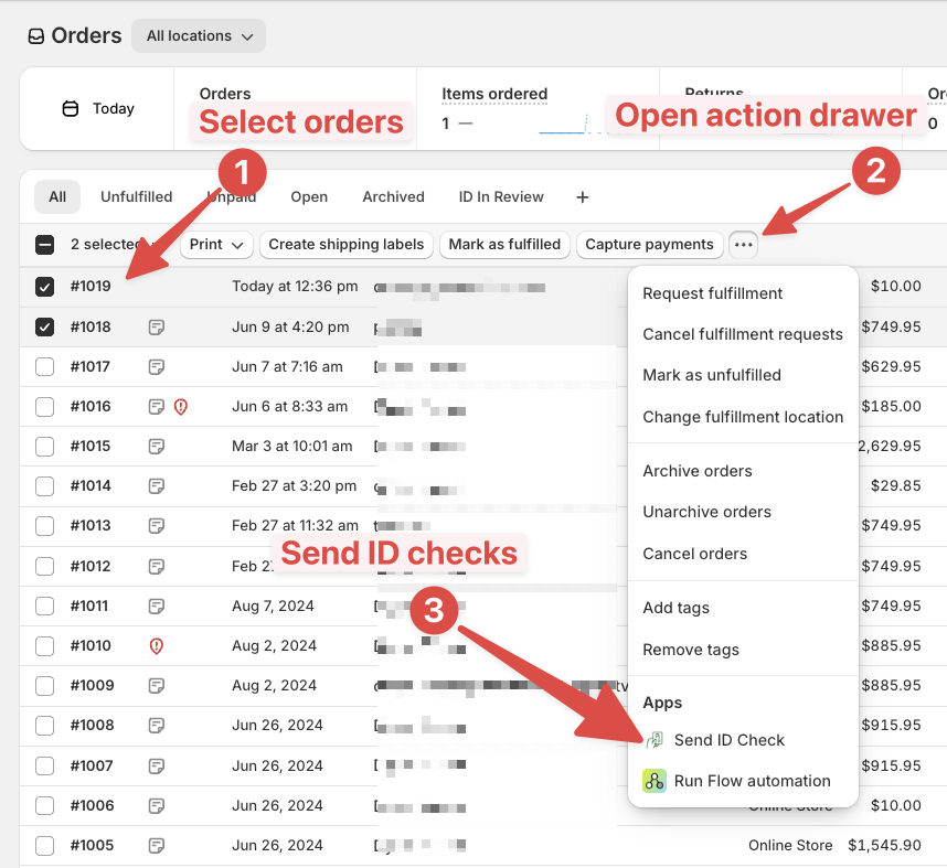 How to send ID verification to multiple orders in bulk via the Shopify Admin Dashboard via the orders page