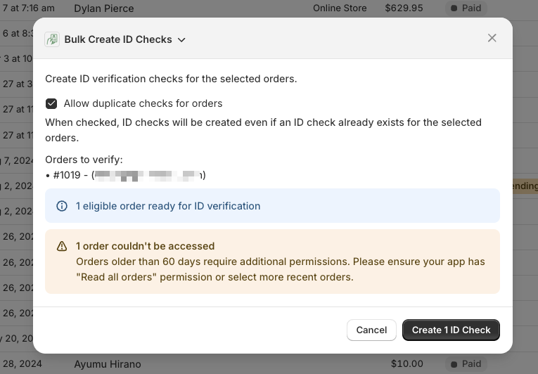 Confirming the bulk send of multiple ID check links to customers by email and/or SMS.