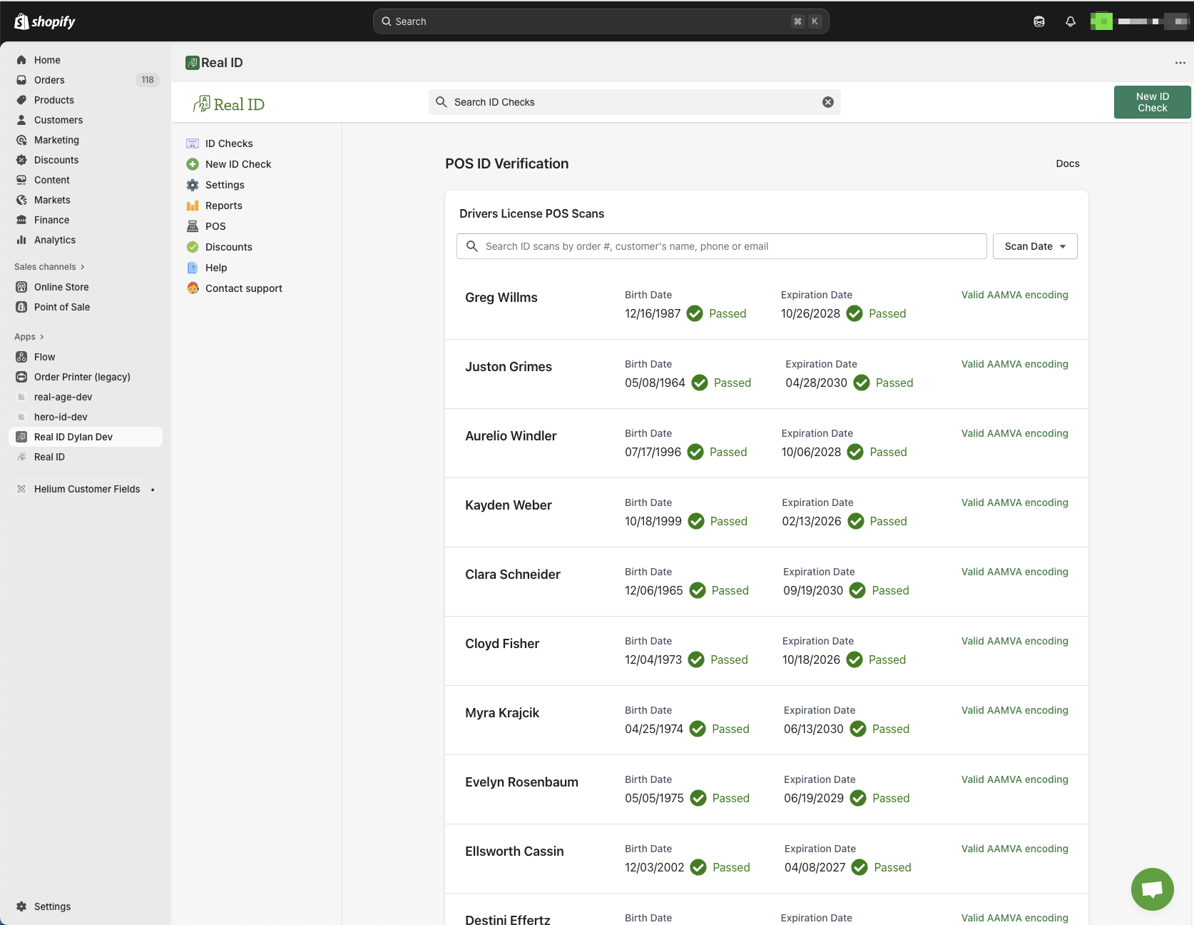 Real ID POS verification dashboard showing transaction history and compliance reporting