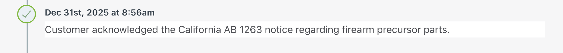 Event timeline showing CA AB 1263 acknowledgement captured