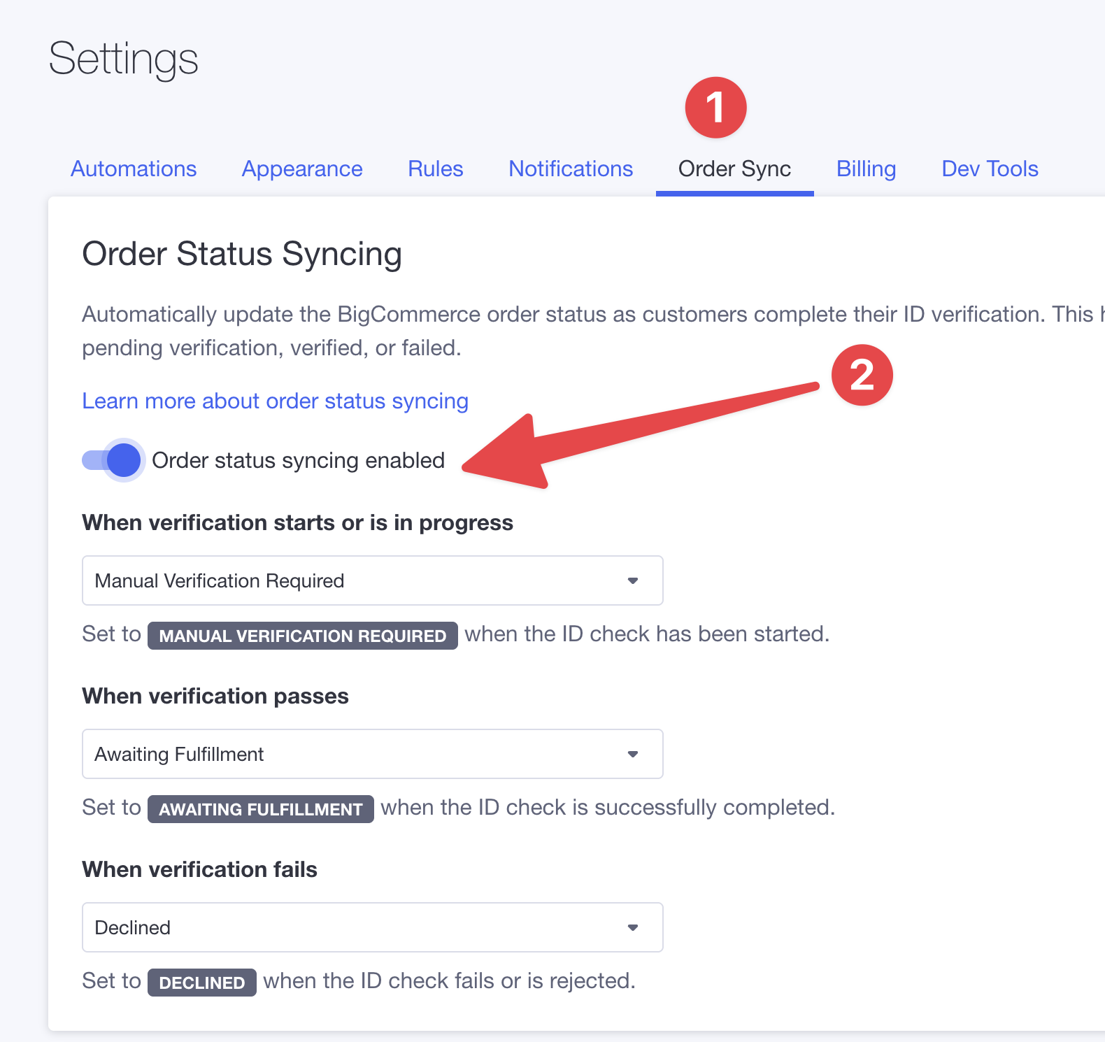Enable order status syncing toggle