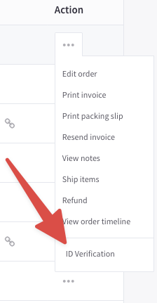 How to find the "ID verification" action link from an order in the orders page in the BigCommerce dashboard