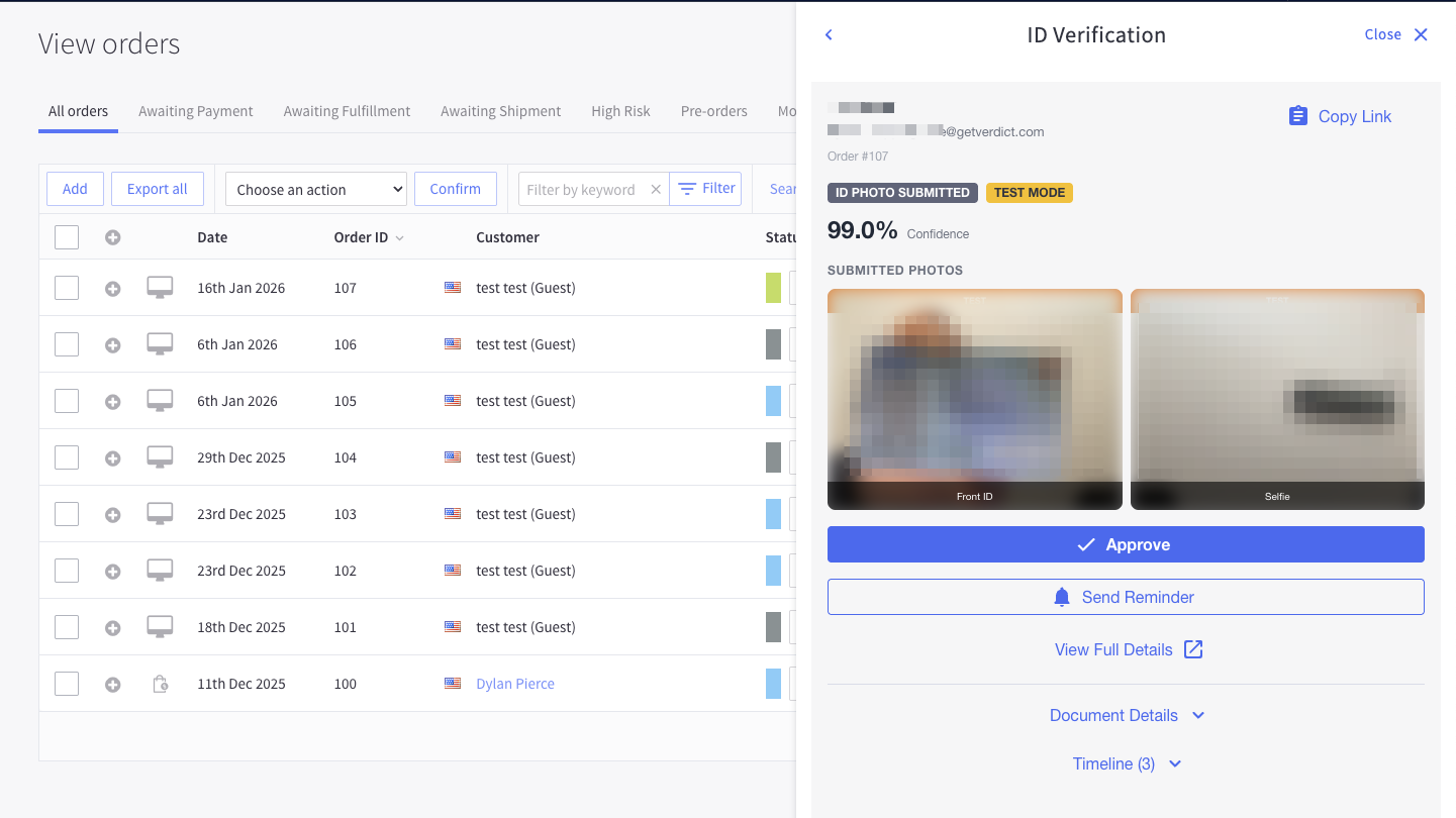 Viewing the ID verification details from the BigCommerce orders page