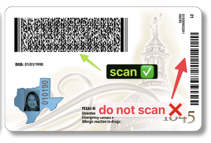 Texas driver's license with dual barcodes - scan the larger barcode