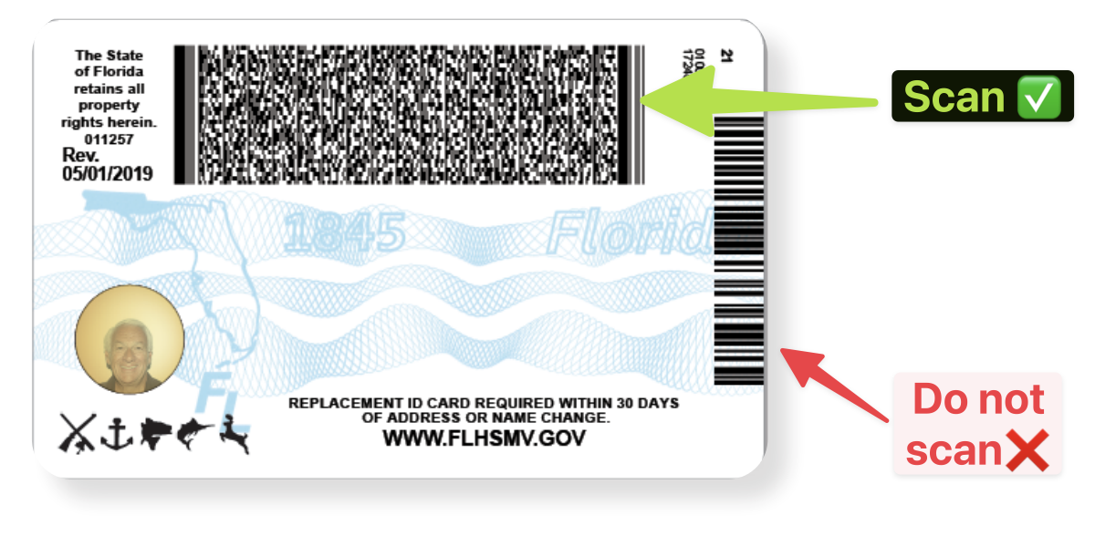 Florida driver's license with dual barcodes - scan the larger barcode