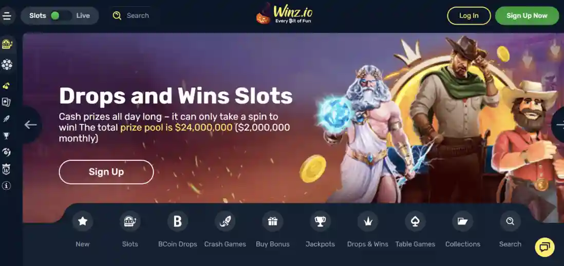 winz casino welcome screen screenshot