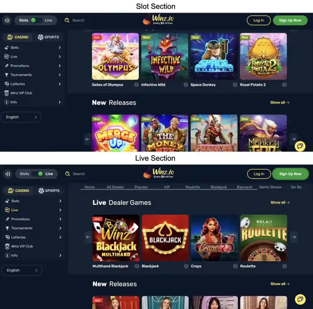 winz casino game selection screenshot