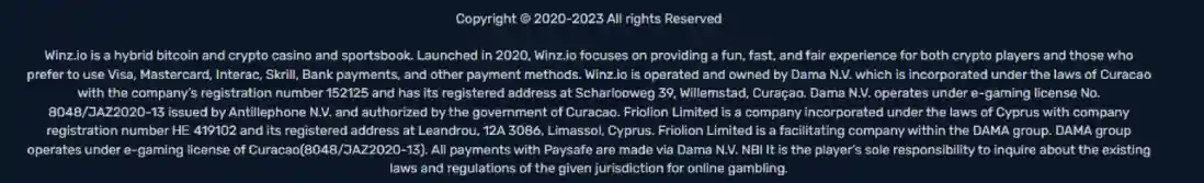 winz casino licensing information screenshot