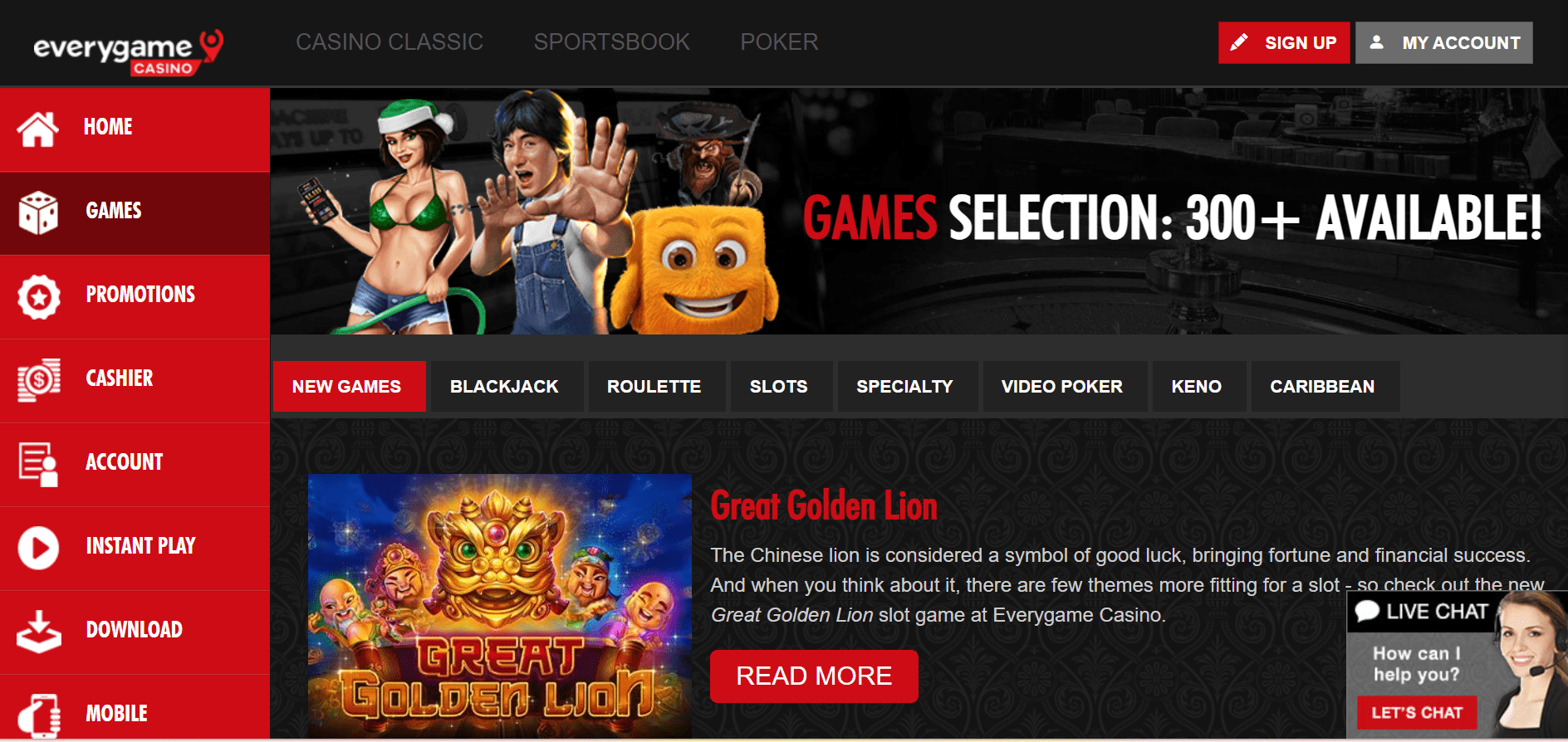 everygame casino website game selection screenshot