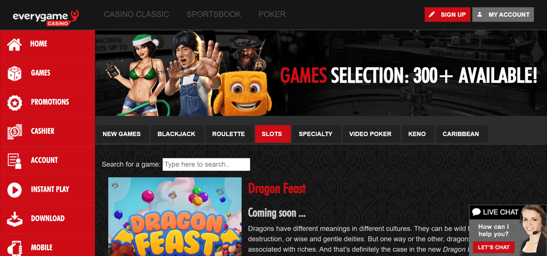 everygame casino website game selection navigation screenshot