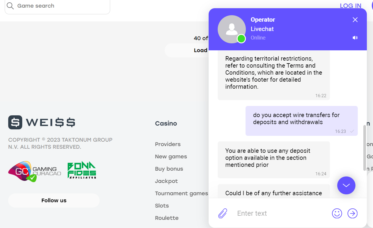 weiss casino review customer support screenshot