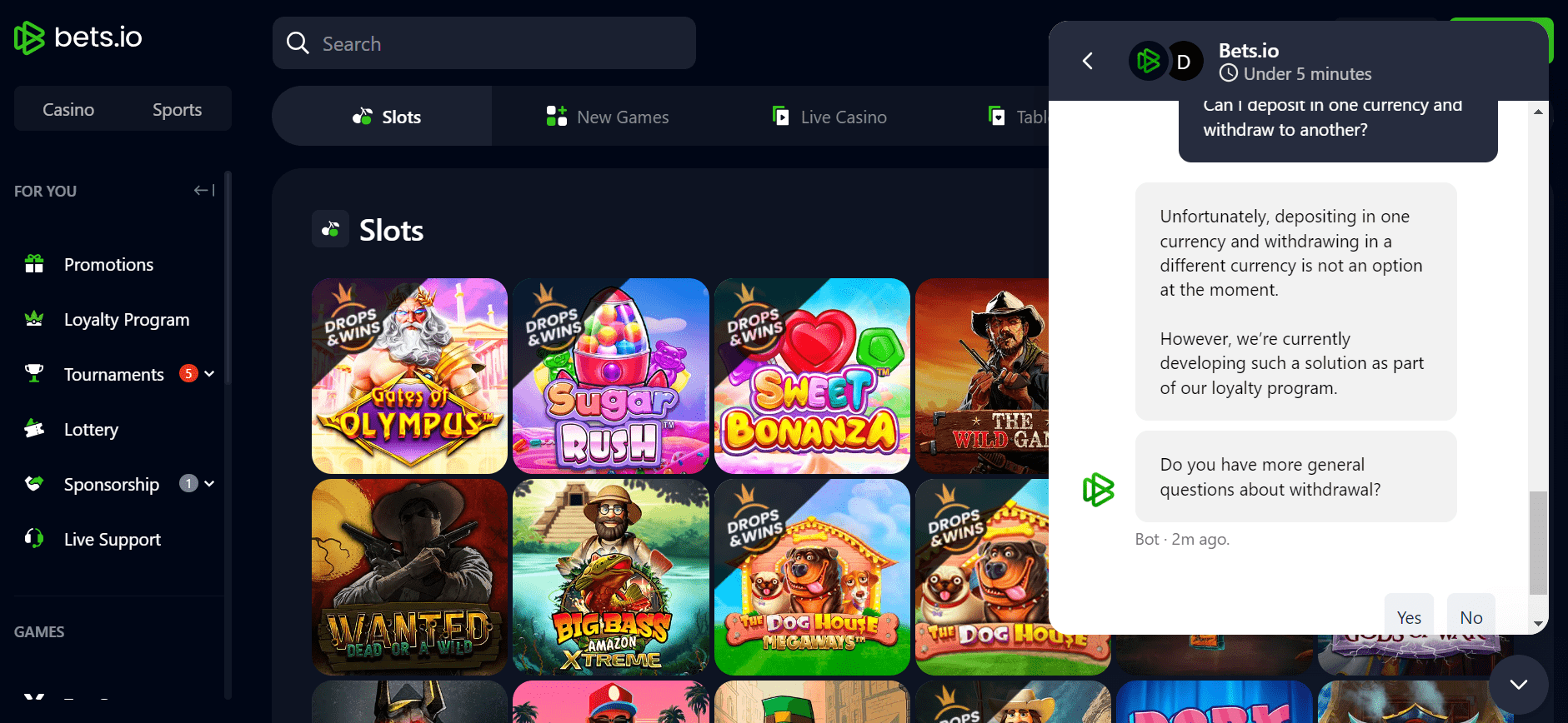 bets.io casino review customer support screenshot