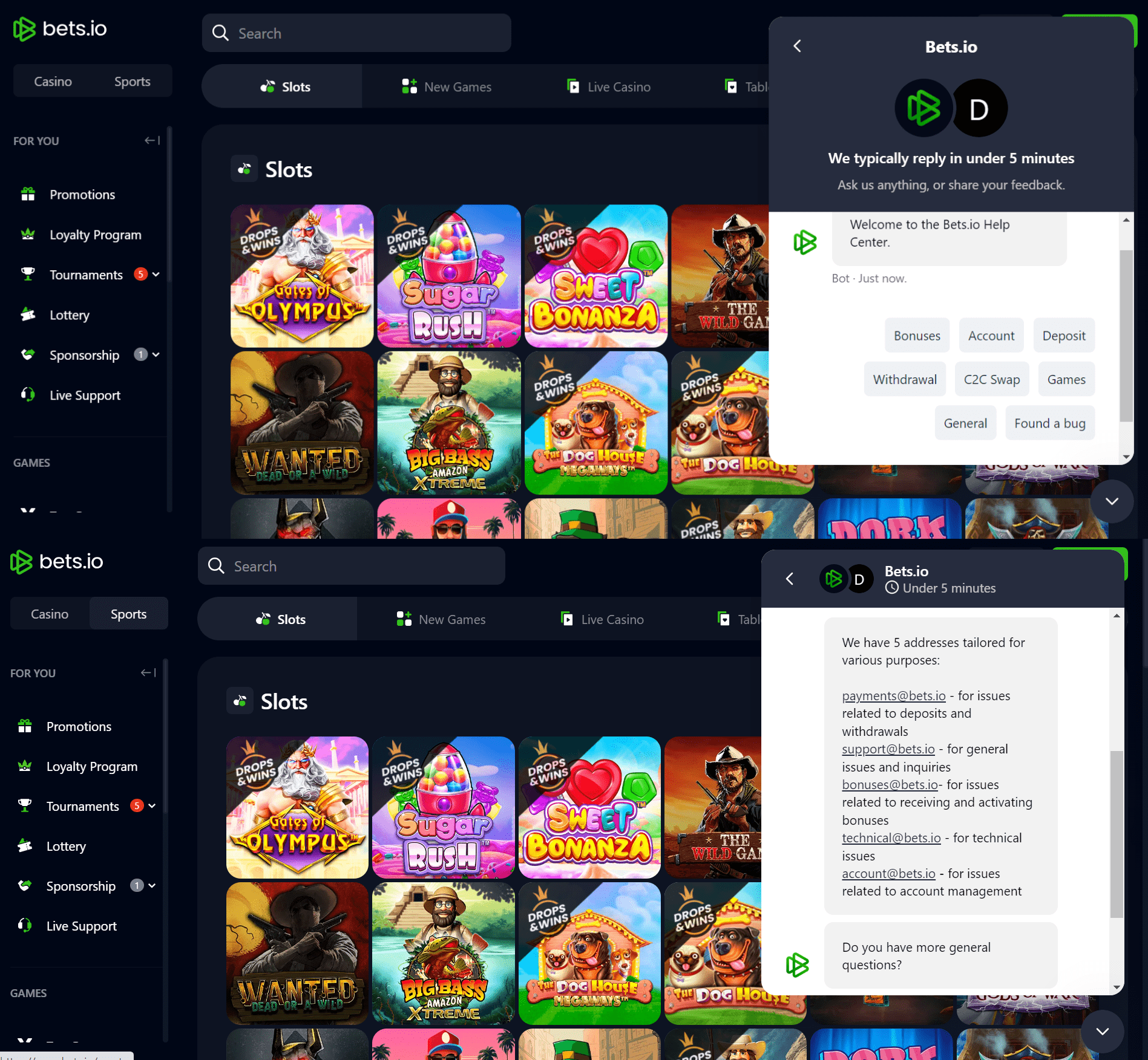 bets.io casino review customer support screenshot