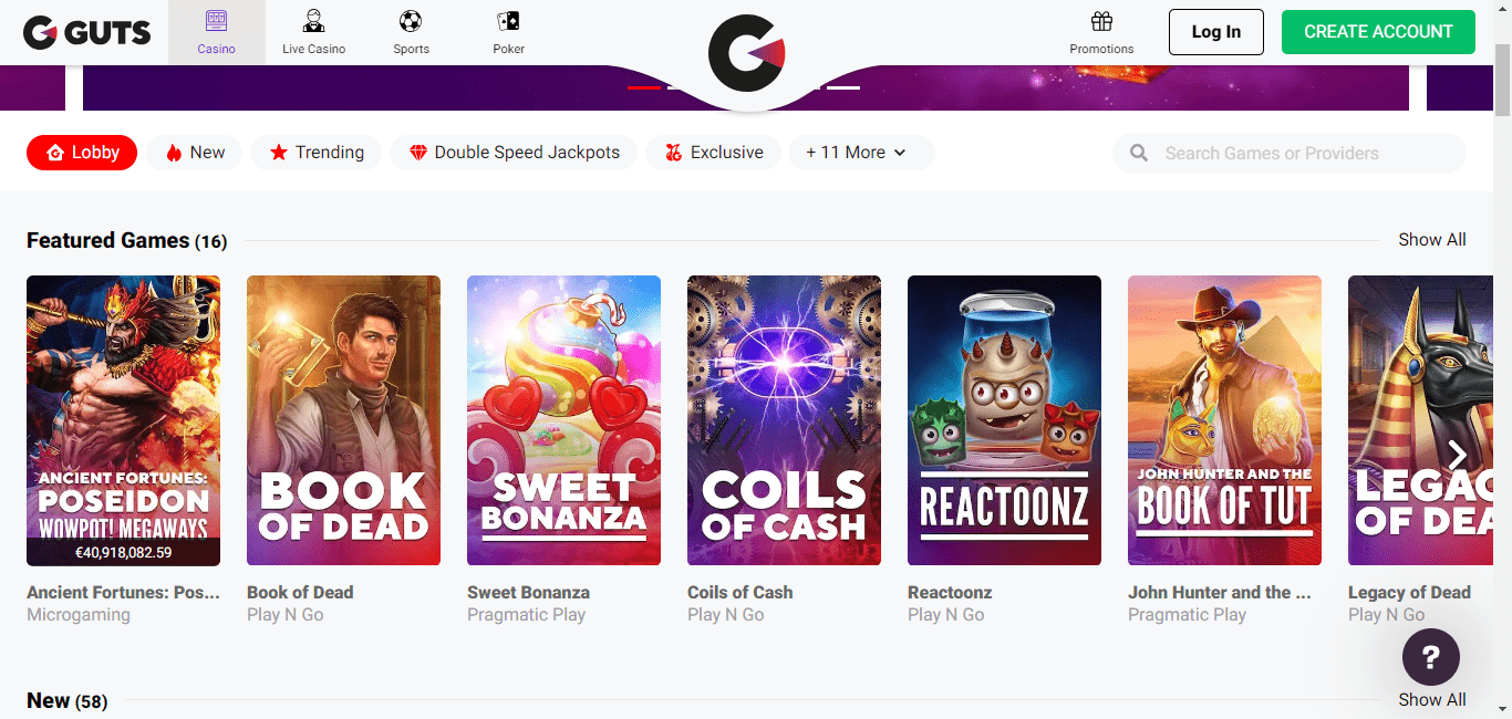 guts casino game selection