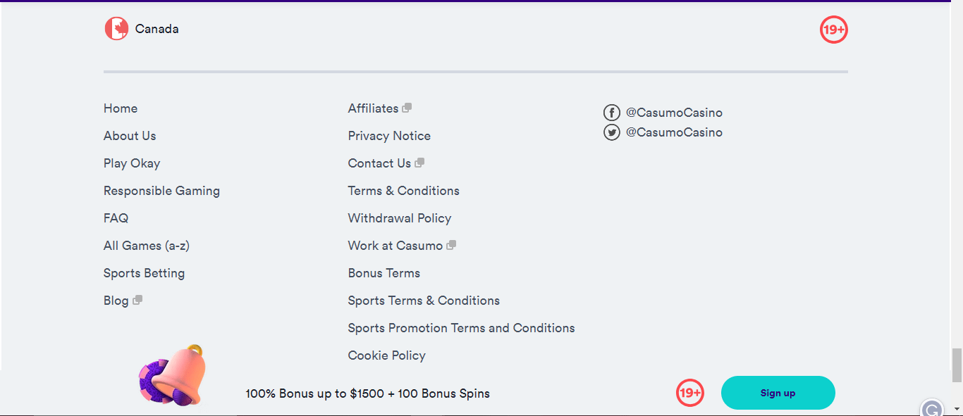 Casumo casino bottom of home page 