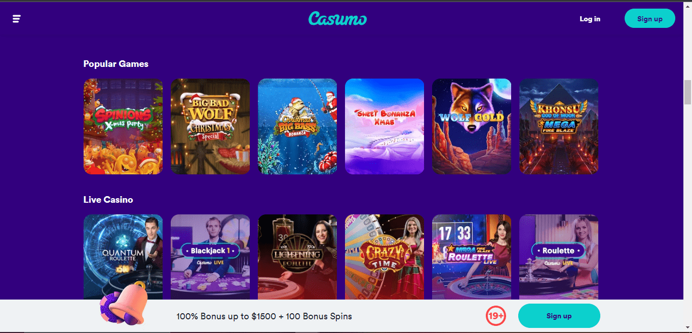 Casumo casino home page game selection