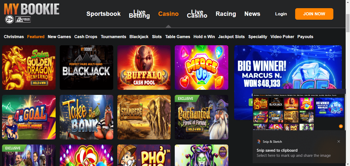 mybookie casino homepage game selection