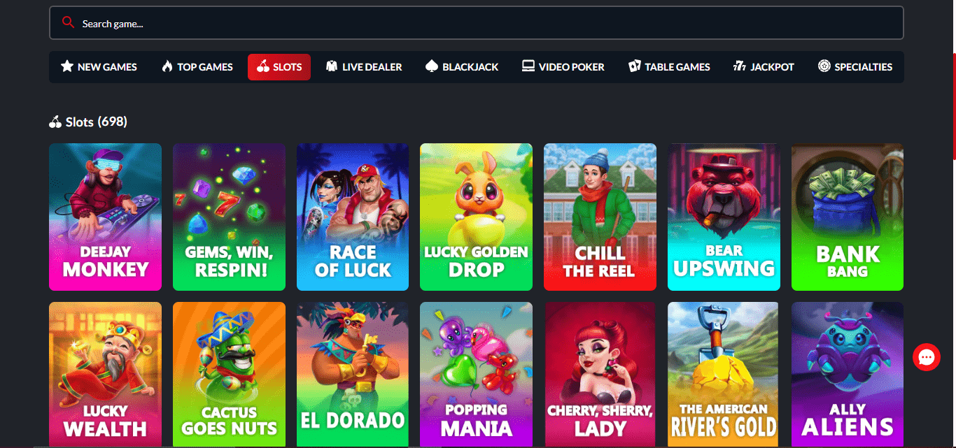 reddog casino homepage game selection