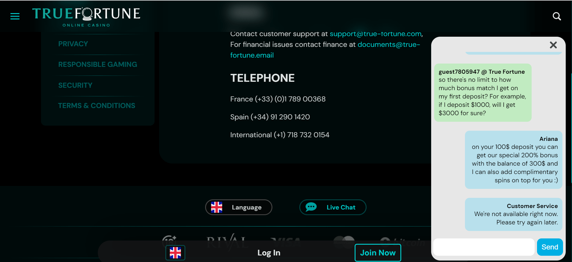 truefortune casino customer support