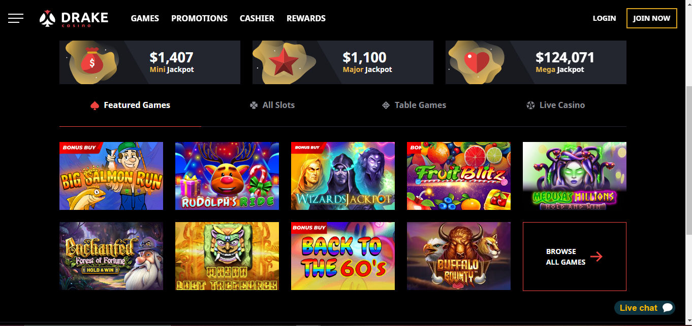 drake casino homepage game selection